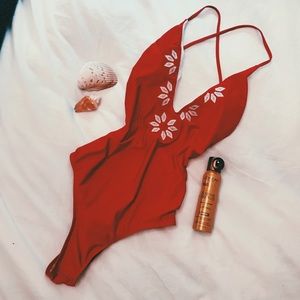 Red One Piece Swimsuit With Crochet Floral Detail